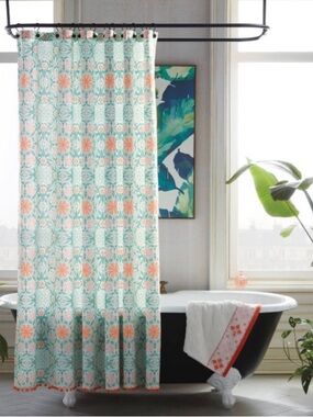 Opalhouse Medallion Green and Coral Floral with tassels Shower Curtain
